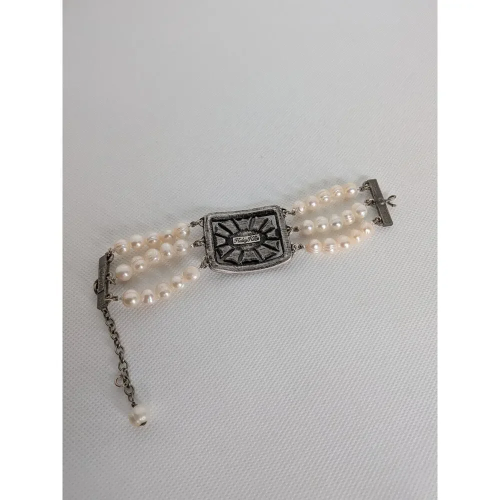 HALEY HILL SILVERTONE PEARL & RHINESTONE 3 STRAND BRACELET 1 1/2 X 7-9" - Picture 5 of 8
